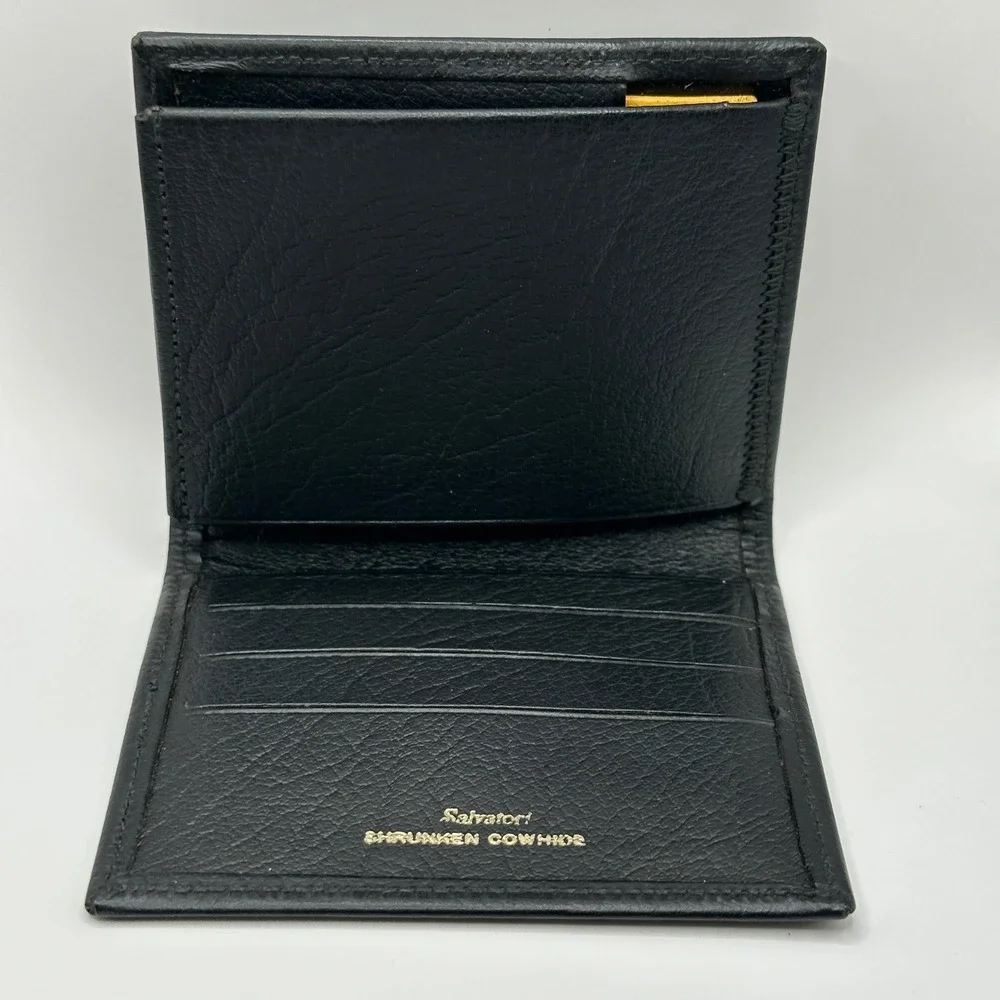 Salvatori Mens Black Shrunken Cowhide Leather Bifold Wallet Yellow Interior